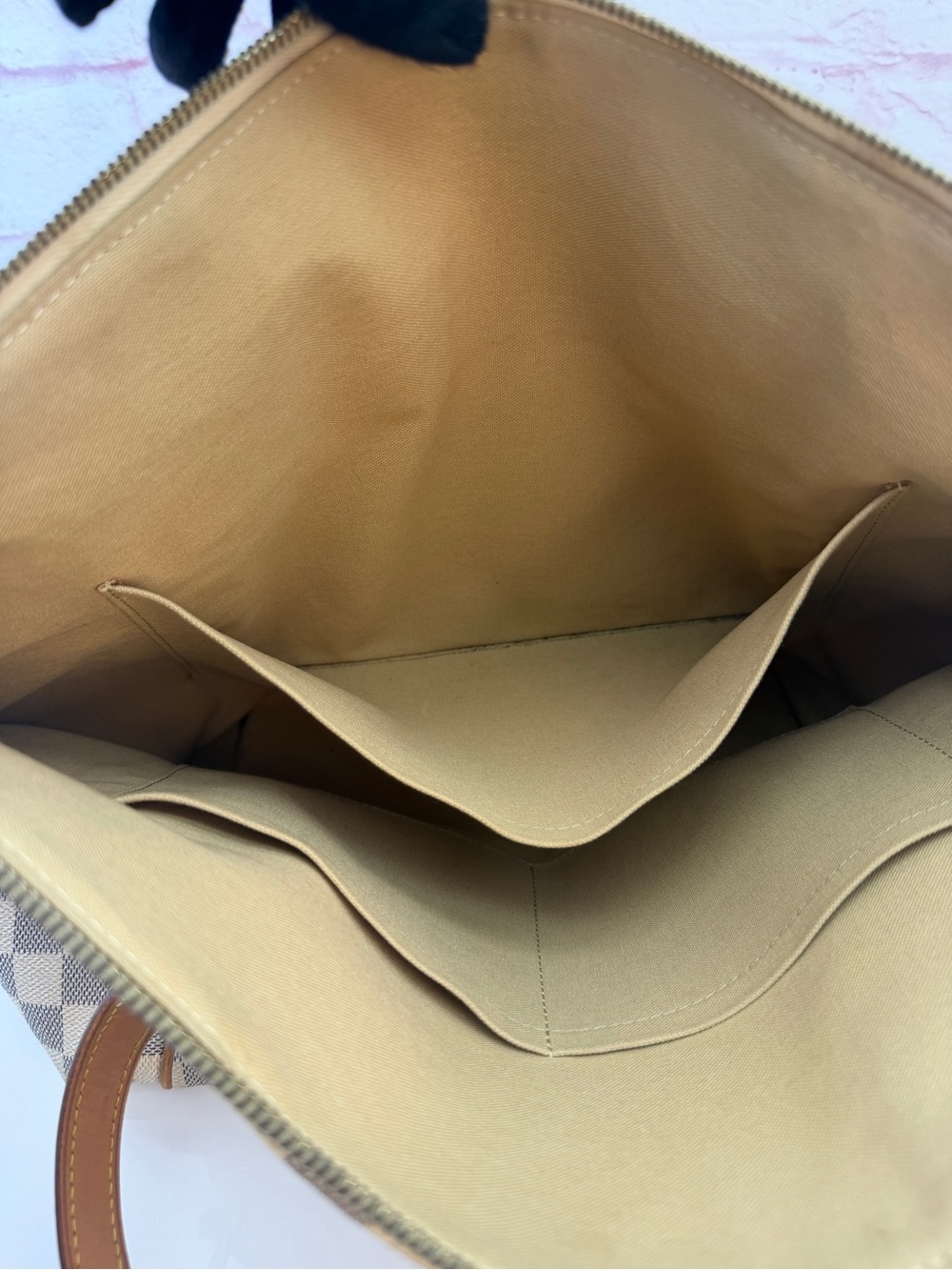 Luxury Checkered Canvas Tote with Tan Leather Straps - Picture 12 of 14